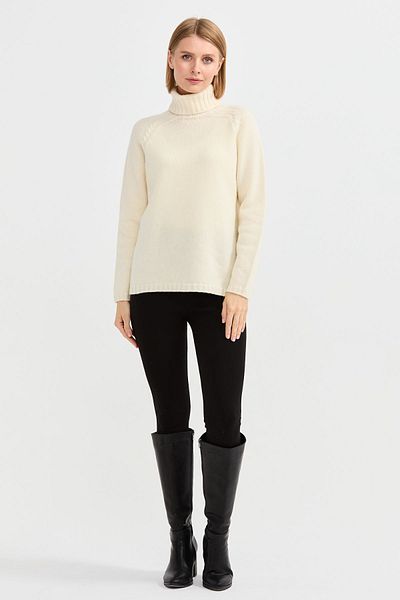 Desen Triko Turtleneck Full Fit Braided Shoulder Wool Sweater - Bone Color