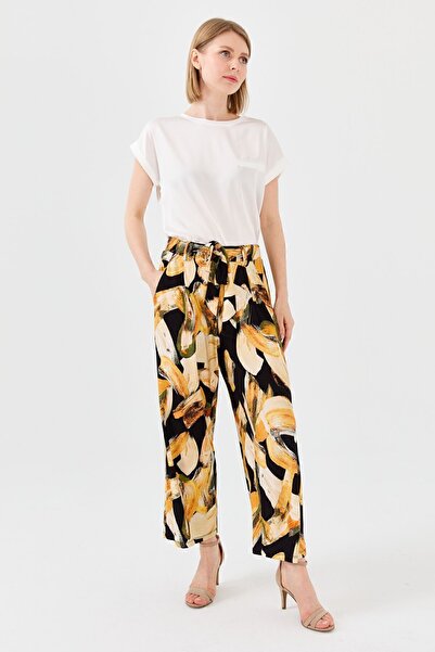 Desen Triko Women's Mixed Patterned Loose Cut Combed Cotton Trousers Mustard