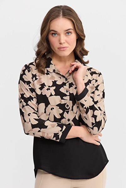Desen Triko Cămașă Florală Două Culori Femei Neagră