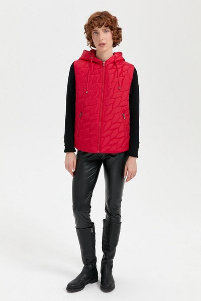 Desen Triko Leaf Patterned Red Women's Vest - Hooded, Short Quilted