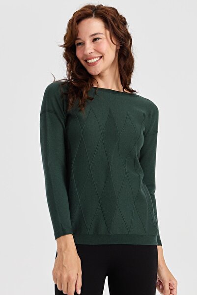 Desen Triko Γυναικείο πλεκτό πουλόβερ με λαιμόκοψη μπροστά με διαμάντια πράσινο