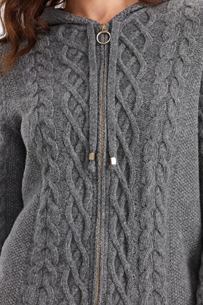 Desen Triko Women's Hooded Hair Walking Braided Wool Cardigan Smoked