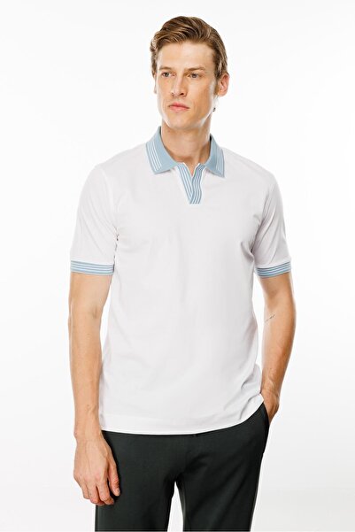 Desen Triko Λευκό ανδρικό μπλουζάκι - γιακάς πόλο, ριγέ μανίκια και πέτο