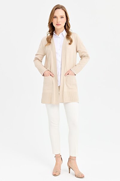 Desen Triko Women's Knitwear Araboy Summer Thin Jacket Beige