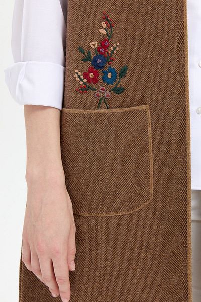 Desen Triko Women's Polo Neck Open Front Embroidered Long Wool Vest V.Camel