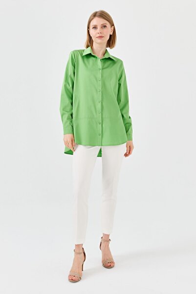 Desen Triko Γυναικείο βαμβακερό πουκάμισο με πλαϊνές τσέπες πράσινο