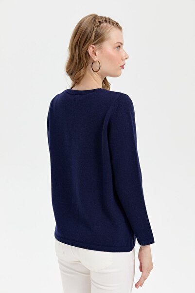 Desen Triko Navy Blue V-neck Basic Women's Wool Cardigan - Y.a