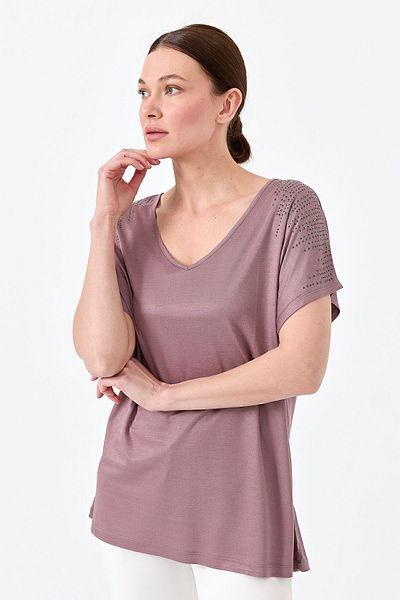 Desen Triko Γυναικείο T-shirt με λαιμόκοψη V με πέτρες ώμους χτενισμένο βαμβακερό δαμάσκηνο