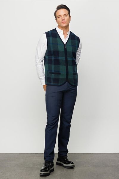 Desen Triko Ανδρικό γιλέκο με λαιμόκοψη σε καρό μπλε μπλε
