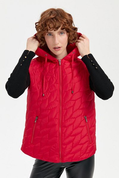 Desen Triko Leaf Patterned Red Women's Vest - Hooded, Short Quilted