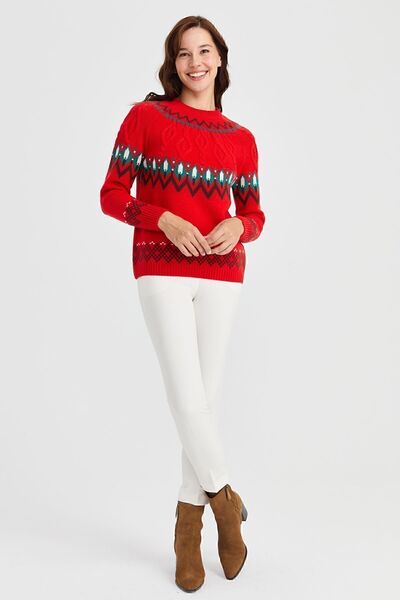 Desen Triko Women's Crew neck Sweater Wool Sweater Coral