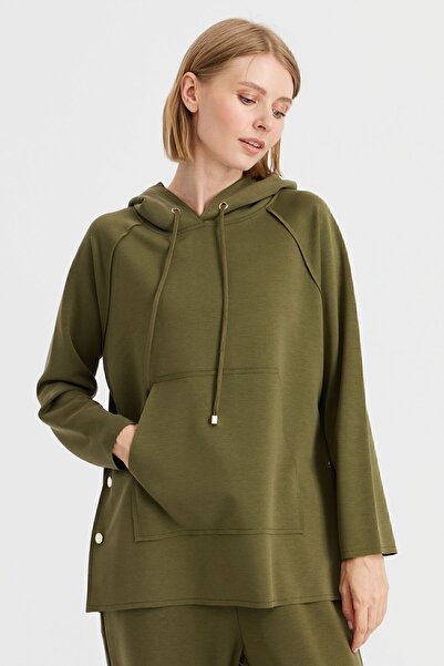 Desen Triko Women's Hooded Sweat with Side Snap Pockets Khaki