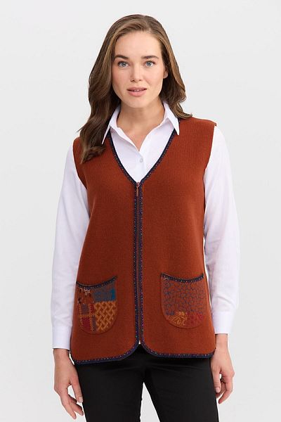 Desen Triko Women's V-Neck Water Stone Beaded Embroidered Short Wool Vest A.taba