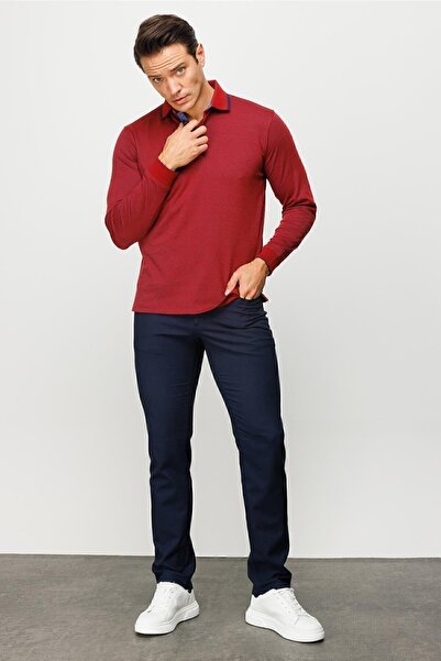 Desen Triko Ανδρικό μακρυμάνικο φούτερ με γιακά πόλο με μοτίβο μπορντό