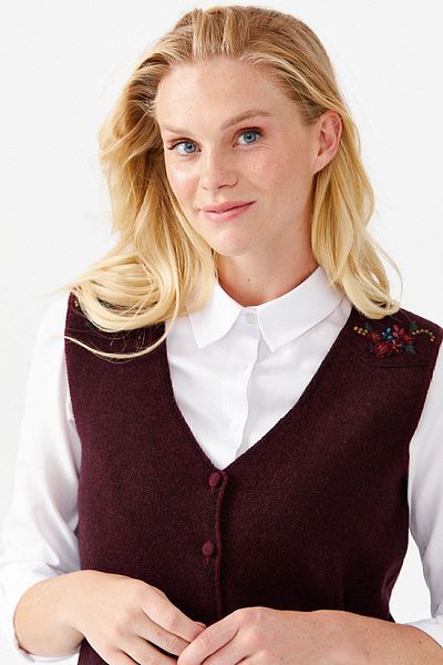 Desen Triko Women's V-Neck Shoulder Pocket Cover Felt Embroidered Buttoned Vest Red