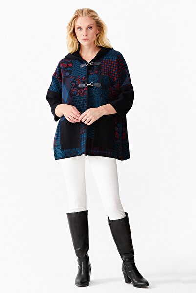 Desen Triko Women's Hooded Patchwork Houndstooth Patterned Three Color Poncho Dark Blue