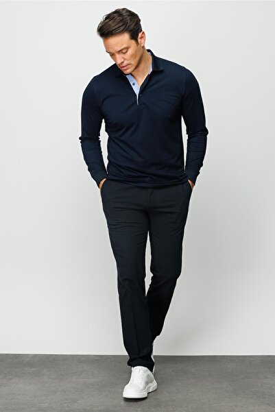 Desen Triko Ανδρικό μακρυμάνικο φούτερ με γιακά πόλο Navy Blue