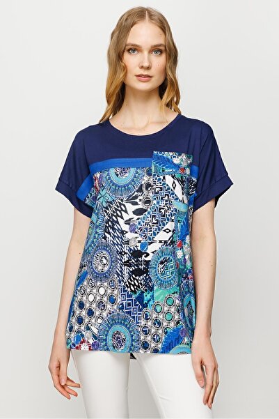 Desen Triko Γυναικείο μπλουζάκι με μικτό σχέδιο με χαμηλό μανίκι από βαμβακερό χτενισμένο μπλουζάκι Navy Blue