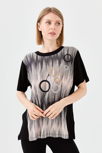 Desen Triko Tricou de damă cu gât turnat cu inel din bumbac pieptănat negru