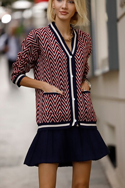 Threeco Zigzag Patterned Cardigan and Skirt Set