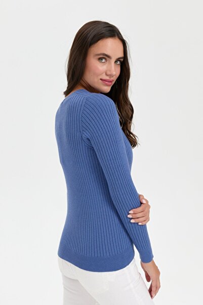 Desen Triko V-neck Indigo Women's Cardigan - Seamless