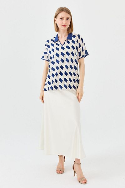 Desen Triko Tricou Polo de damă, cu model pătrat, albastru bleumarin
