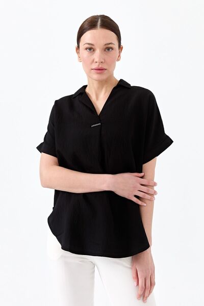 Desen Triko Women's Front Buckle Blouse Black
