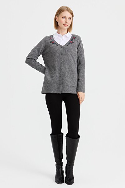 Desen Triko Women's V-Neck Edge Lace Embroidered Wool Cardigan Smoked