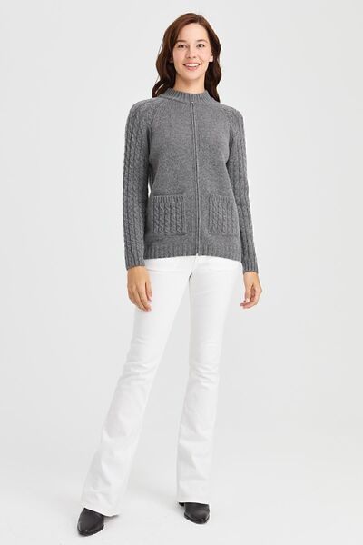 Desen Triko Women's High Collar Pocket and Sleeve Hair Knitted Wool Cardigan Smoked