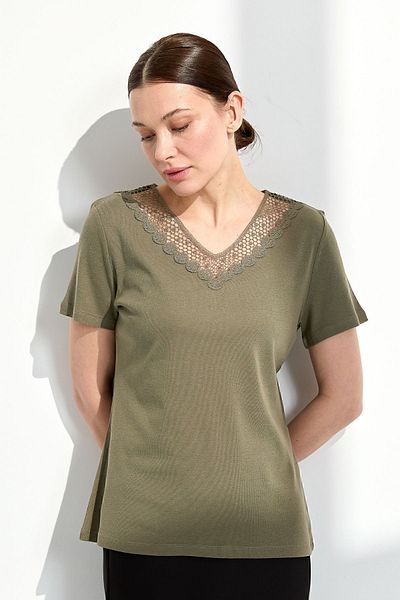 Desen Triko Tricou damă cu decolteu în V, guler din dantelă, kaki