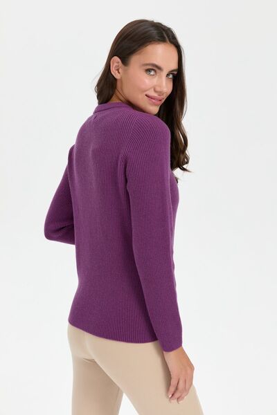 Desen Triko Kadın Sıfır Yaka Dikişsiz Fermuarlı Yün Hırka A.Mor