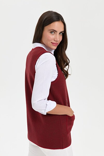 Desen Triko V.red Women's Wool Vest - V-neck, Pocket Top Embroidery