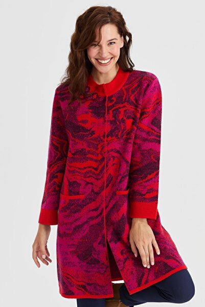 Desen Triko Kadın Dik Yaka Renkli Dalga Desenli Uzun Yün Hırka Mercan