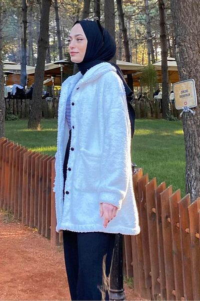 moda periy Winter Plush Hijab Cardigan - Buttoned Women's Coat