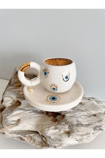 Mugtasarım 24 K Gold Gilded Double Turkish Coffee Cup with Multi-Eye Evil Eye