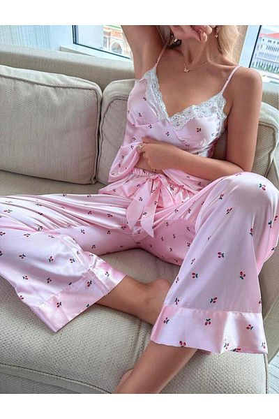 bella bonita Dowry Pink Satin Cross Printed Strappy Lace Pajama Set