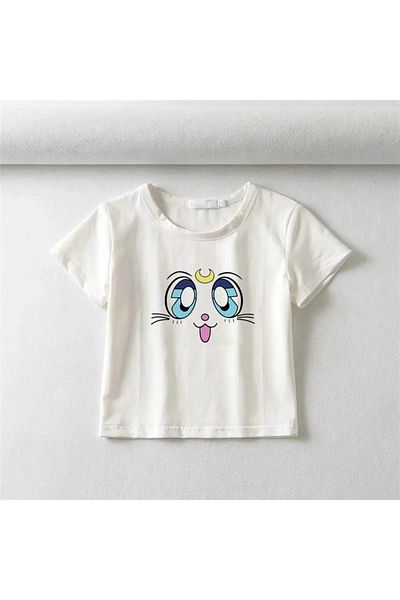 Le Savu Sevunera Sailor Moon Cat Face Printed White Color Crop