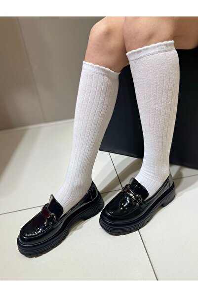 İST FİDAN KUNDURA Kadın Kalın Taban Loafer Makosen Ayakkabı Altın-Siyah Toka K-607