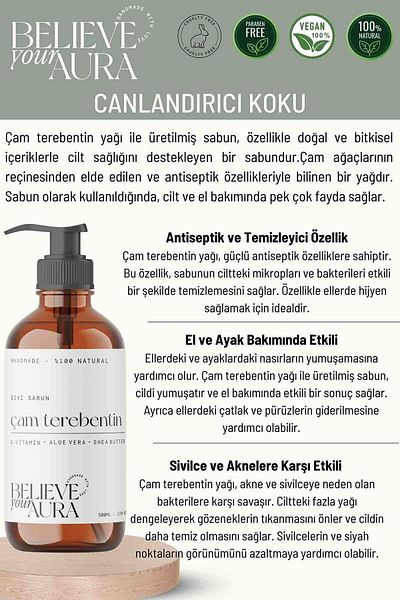 Believe Your Aura 500 ml Natural Pine Turpentine Oil - E-Vitamin Aloe Vera and Shea Butter Additive Soap