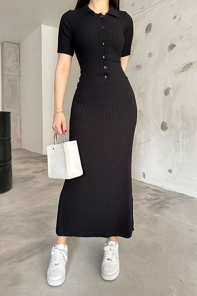 Cistern İstanbul Black Corded Knitwear Polo Collar Dress - Women