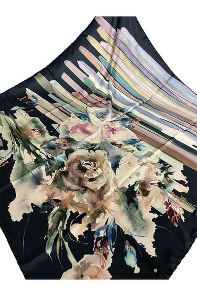 PİRAMİT 90cm X 90cm Pyramid Digital Printed Floral Pattern Scarf - Dark Navy Es-03