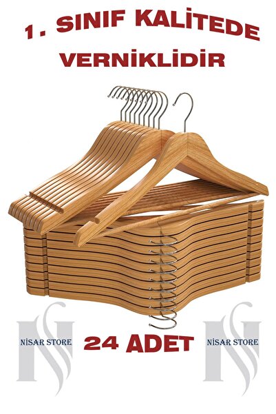 NisarStore 24 Adet Vernikli %100 Ahşap Lüks Kıyafet Elbise Askısı Dolap Düzenleyici