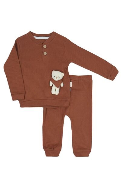 Bebelop Buttoned Baby Girl Top and Bottom Set with Teddy Bear