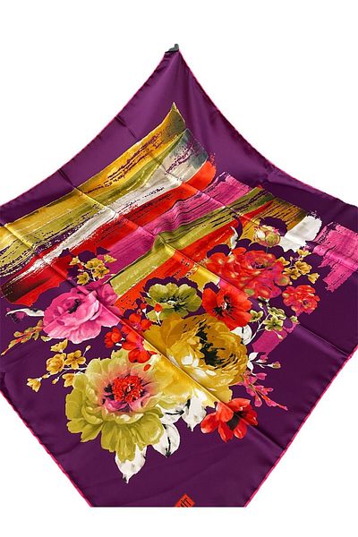 PİRAMİT 90cm X 90cm Pyramid Digital Printed Floral Patterned Plum Scarf - Es-12