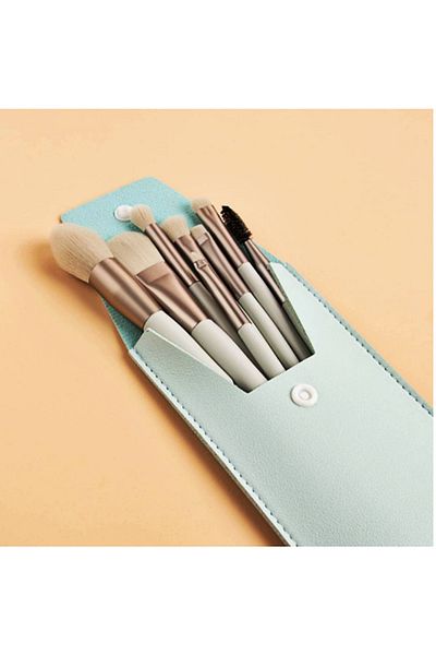 newnet Set de pensule de machiaj Mini set de machiaj profesional cyan de 8 piese cu carcasă portabilă de călătorie