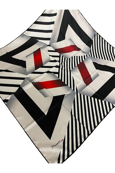 PİRAMİT Geometric Patterned Black Gray Pyramid Luxer Scarf - 90cm X 90cm Es-24