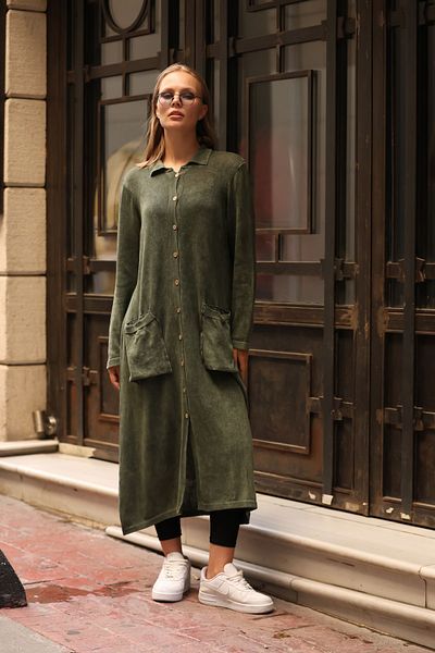 AYASOFYA OTANTIK Khaki Colored Women's Knitwear Long Cardigan - Button Closure and Bag Pocket