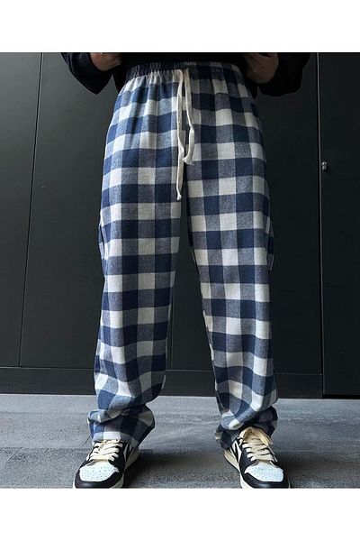 RE7EDİ Unisex Blue and White Striped Plaid Patterned Pajama Bottoms - Re7Edi̇
