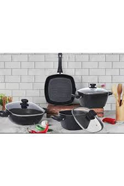 cenkticaret طقم وعاء مربع من الجرانيت الأسود مكون من 7 قطع - خطوط