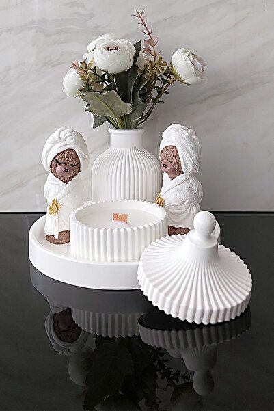 Arzu Ak Sevimli Ayıcıklı Kötü kokuları hapseden mumlu, Yuvarlak Tepsi Sunumlu...